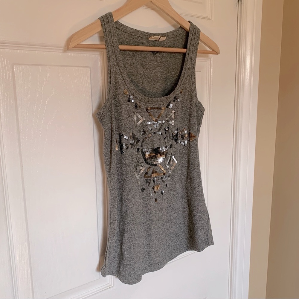 Roxy Gray Y2K Beaded Sequin Tank Top Graphic XS